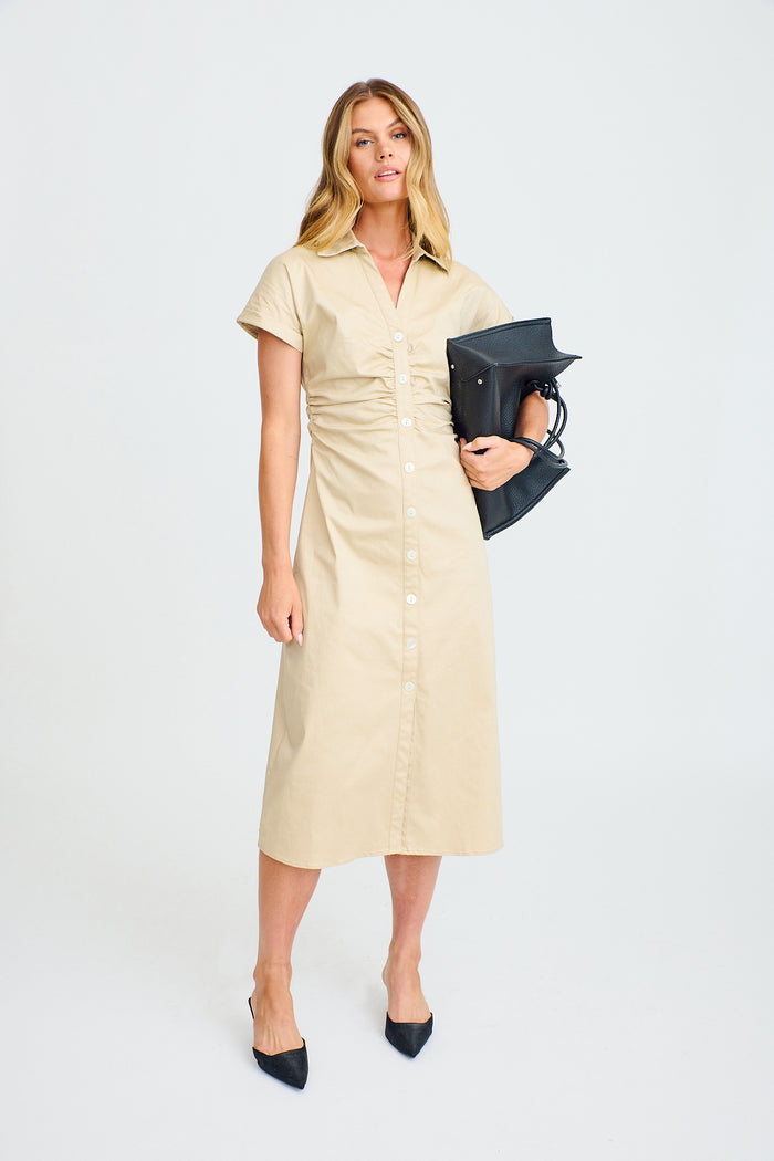 Inspiring Midi Shirt Dress in Beige | St Frock Inspiring Midi Shirt Dress in Beige | St Frock