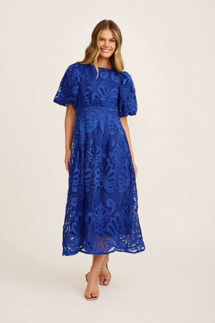 Ethereal Whisper Lace Maxi Dress in Cobalt full length