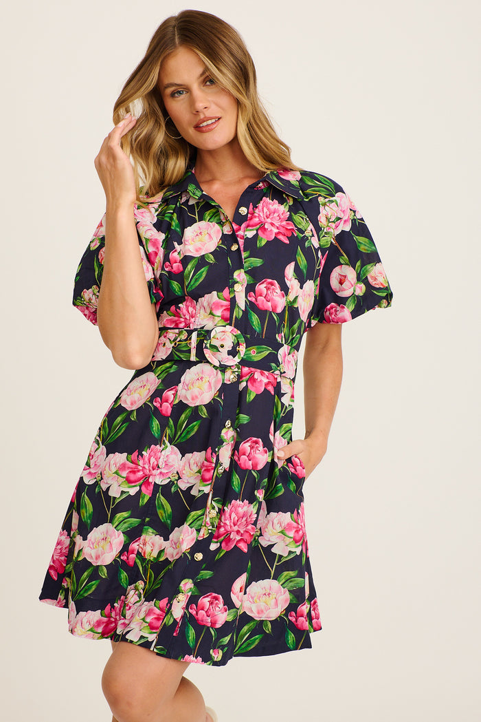 Poetic Glow Shirt Dress in Navy with Blush Floral Cotton full length