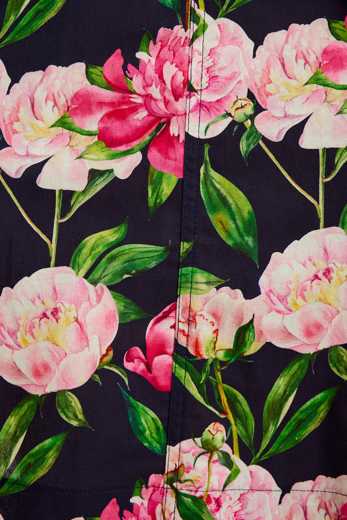 Poetic Glow Shirt Dress in Navy with Blush Floral Cotton detail