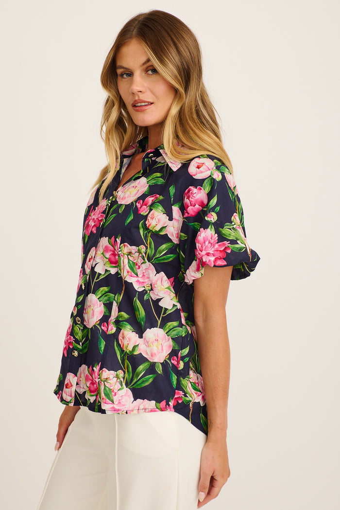 Flourish Shirt in Navy with Blush Floral Cotton side