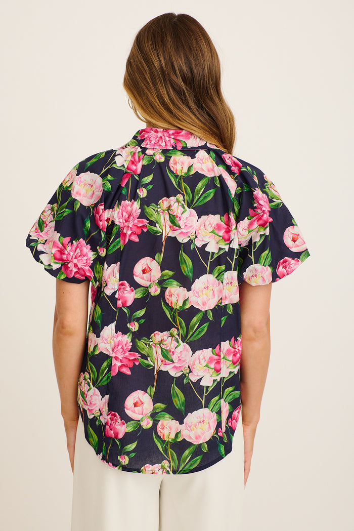 Flourish Shirt in Navy with Blush Floral Cotton back