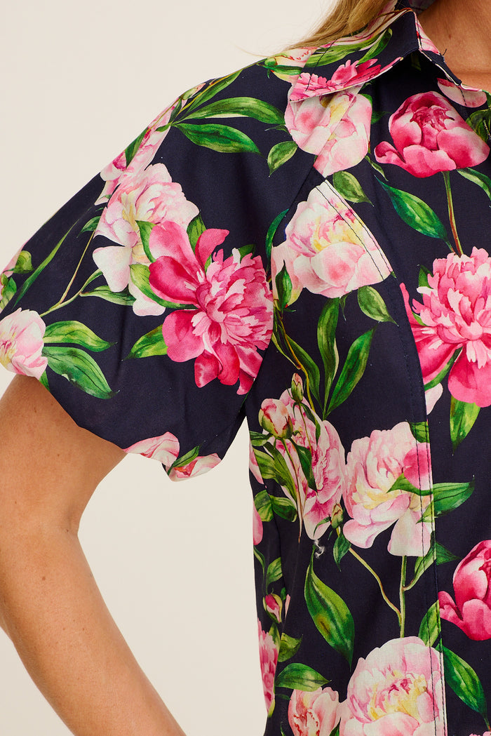 Flourish Shirt in Navy with Blush Floral Cotton detail