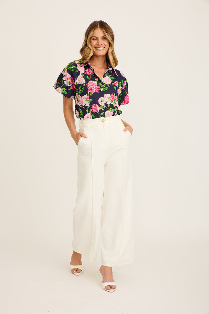 Flourish Shirt in Navy with Blush Floral Cotton full length