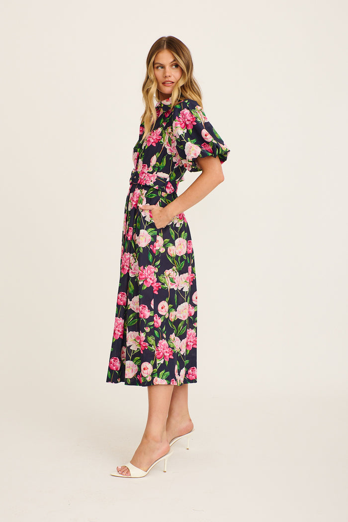 Tranquil Harmony Shirt Midi Dress in Navy with Blush Floral Cotton side