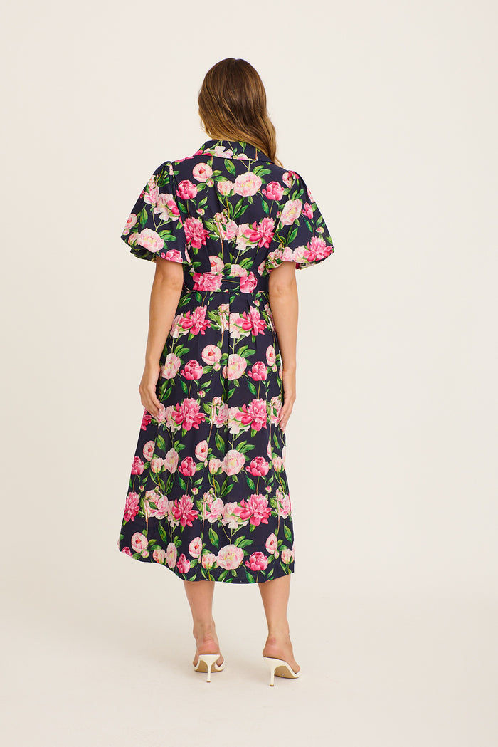Tranquil Harmony Shirt Midi Dress in Navy with Blush Floral Cotton back