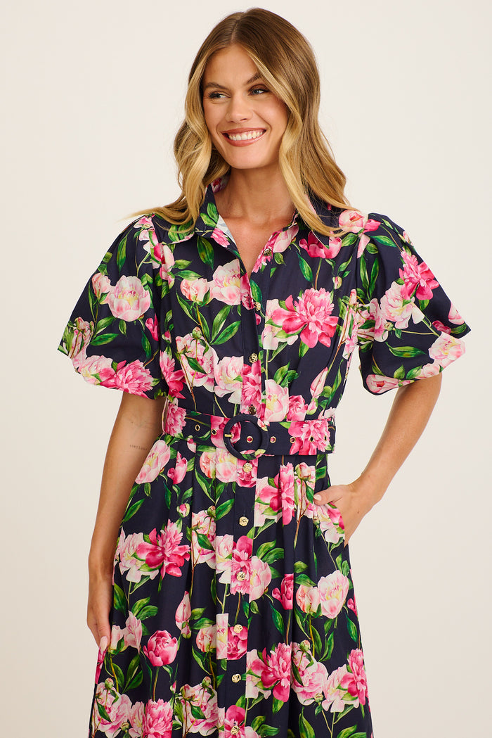 Tranquil Harmony Shirt Midi Dress in Navy with Blush Floral Cotton front