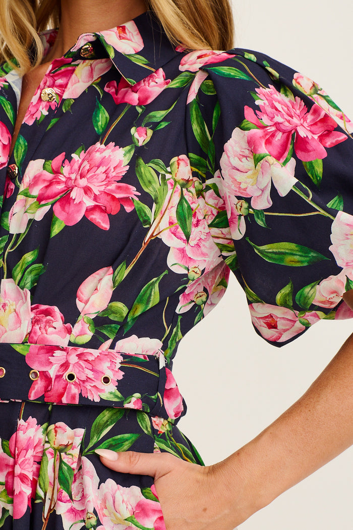 Tranquil Harmony Shirt Midi Dress in Navy with Blush Floral Cotton detail