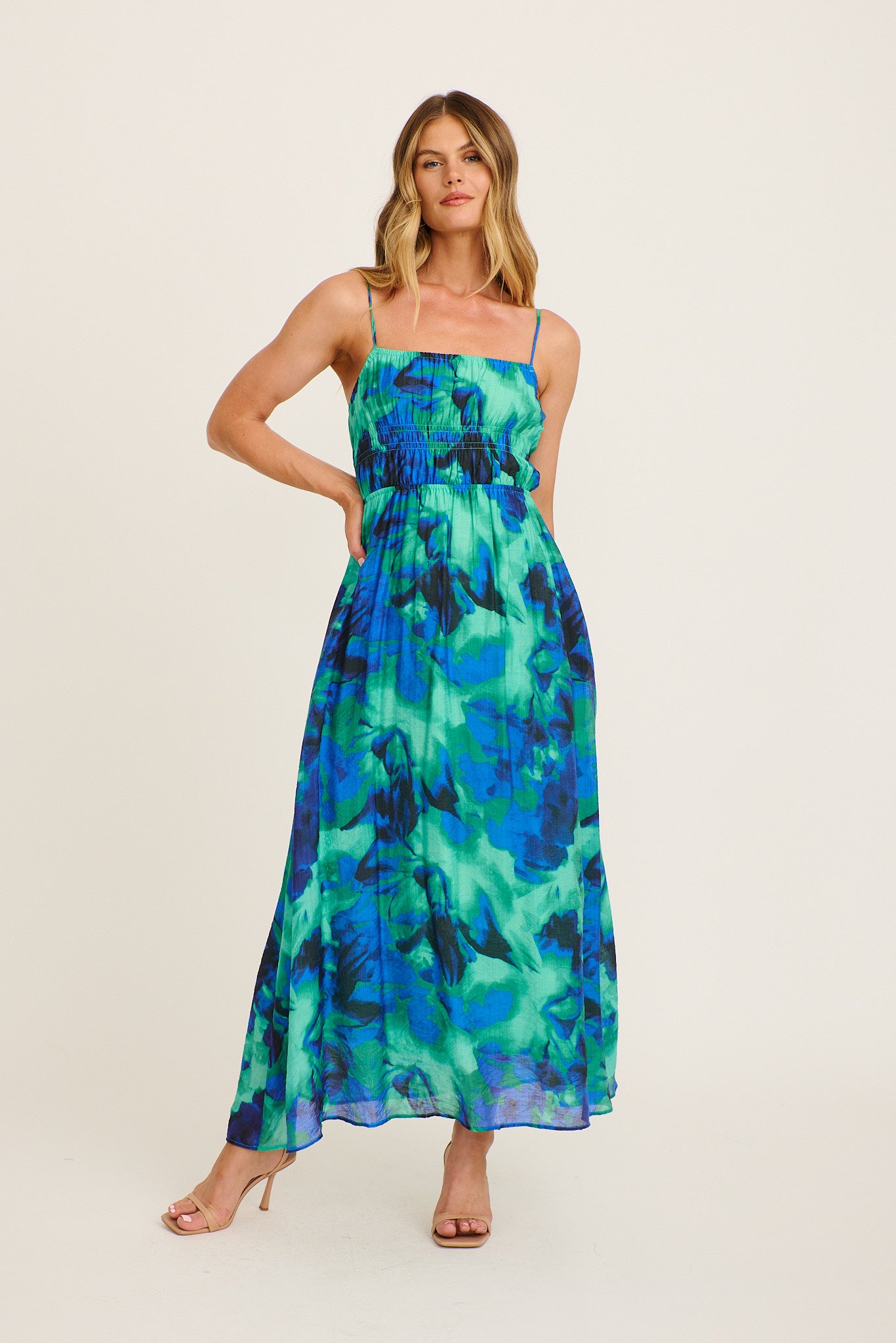 Meadow Sung Maxi Sundress in Blue and Green Watercolour Print full length