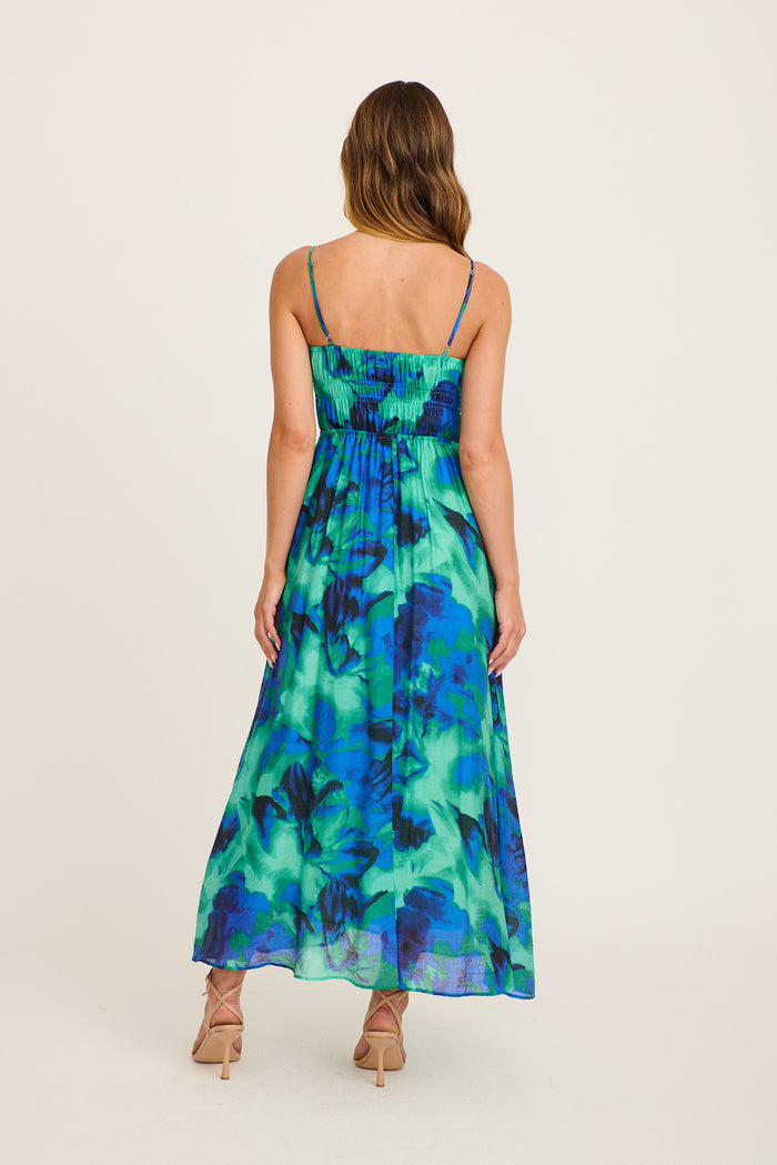 Meadow Sung Maxi Sundress in Blue and Green Watercolour Print back