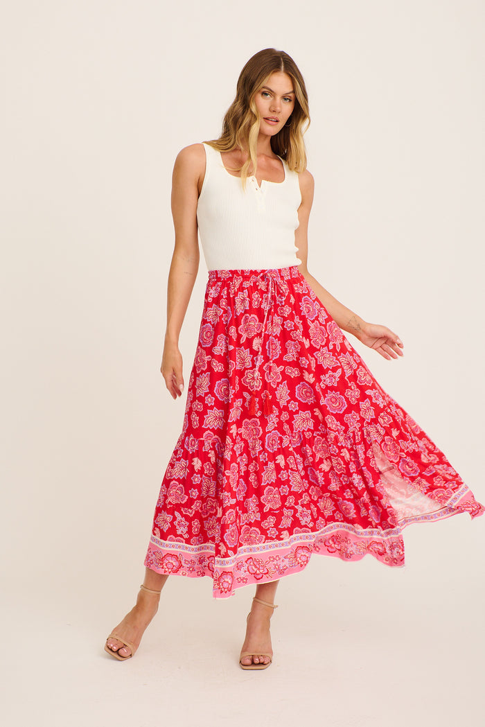 Vivi Maxi Skirt in Red Multi Boho Print full length