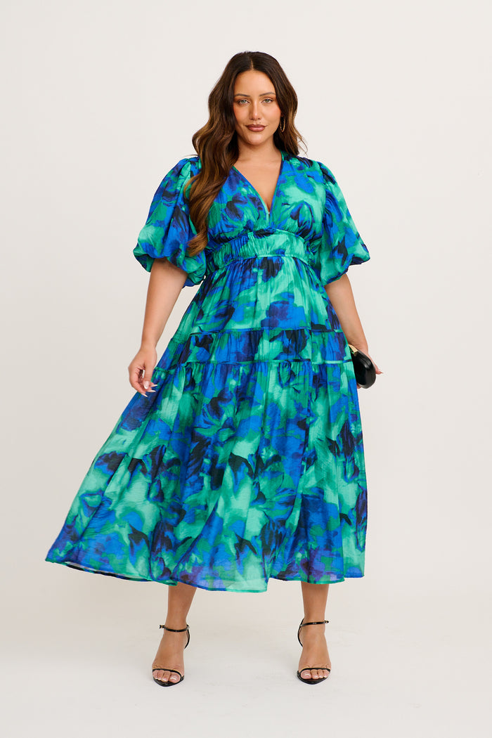 Amalie Midi Dress in Blue and Green Watercolour Print