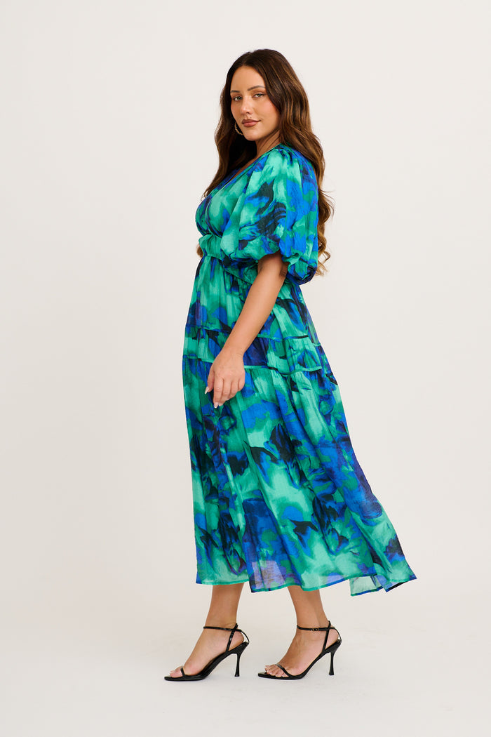 Amalie Midi Dress in Blue Green Watercolour Print | St Frock Amalie Midi Dress in Blue Green Watercolour Print | St Frock