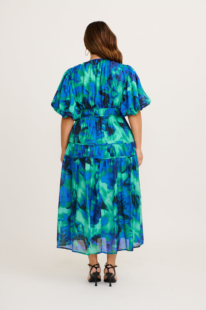 Amalie Midi Dress in Blue Green Watercolour Print | St Frock Amalie Midi Dress in Blue Green Watercolour Print | St Frock