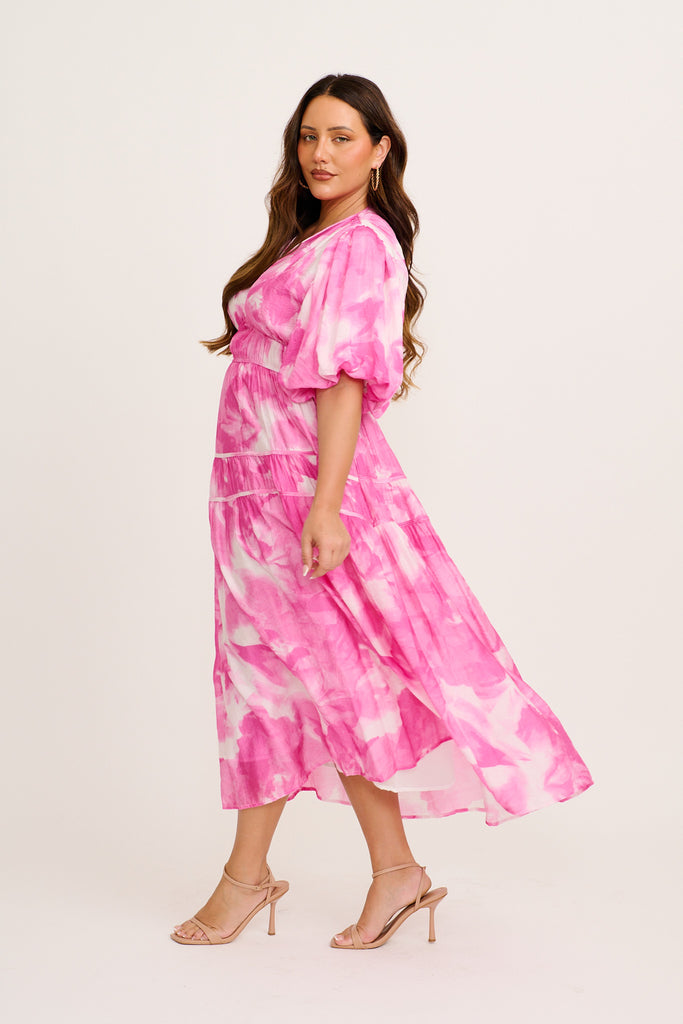 Amalie Midi Dress in Pink White Watercolour Print