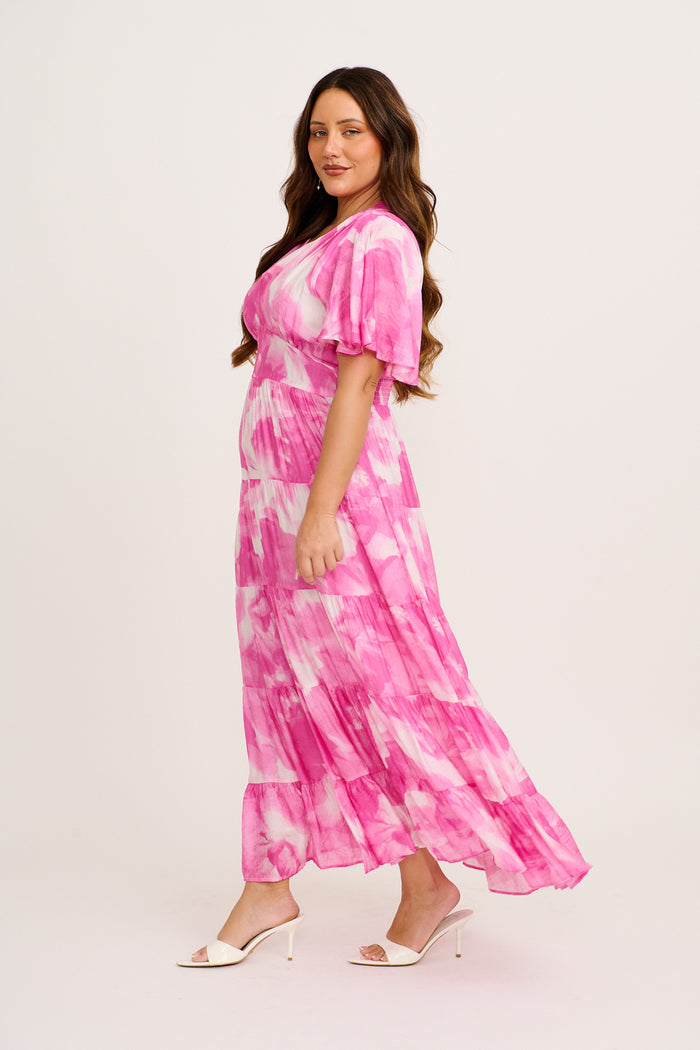 Pastel Symphony Maxi Dress in Pink with White Watercolour Print 