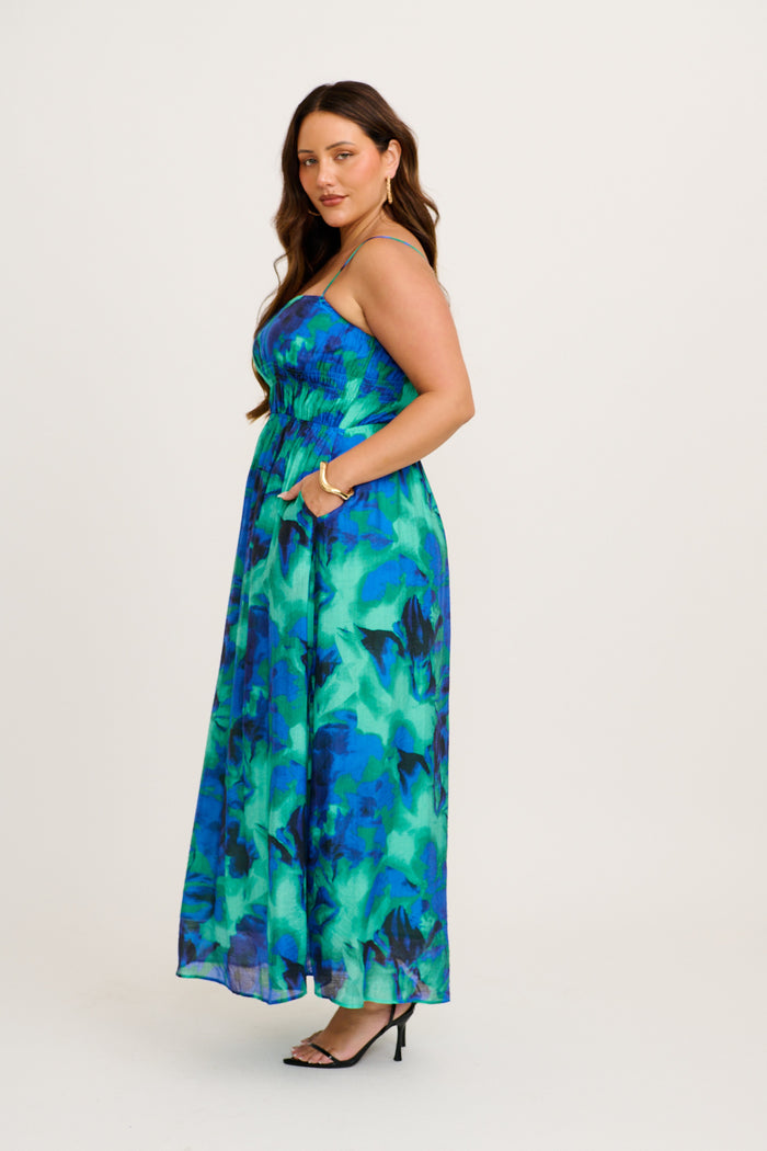Meadow Sung Maxi Sundress in Blue and Green Watercolour Print front