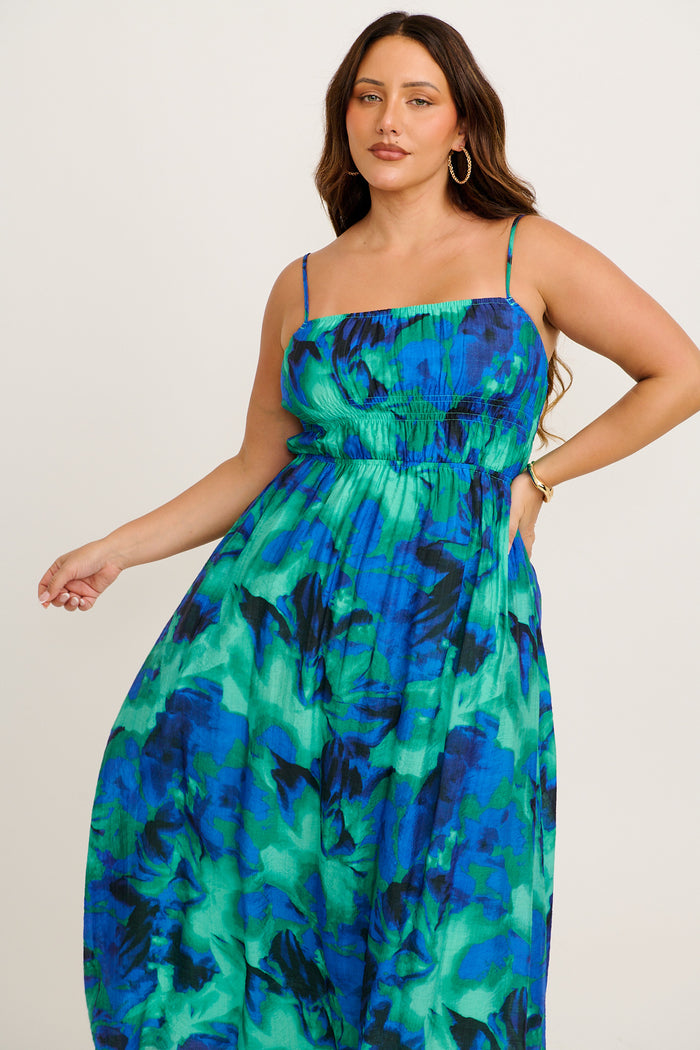 Meadow Sung Maxi Sundress in Blue and Green Watercolour Print 