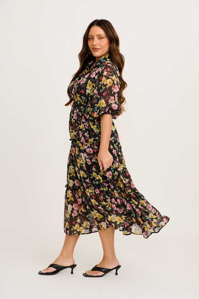 Brittney Midi Dress in Black Multi Floral Chiffon 