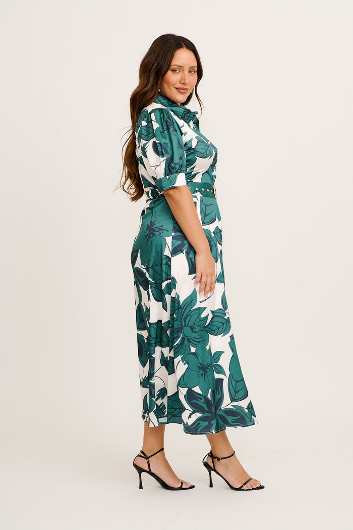 Trinity Maxi Shirt Dress in Emerald Floral Satin side