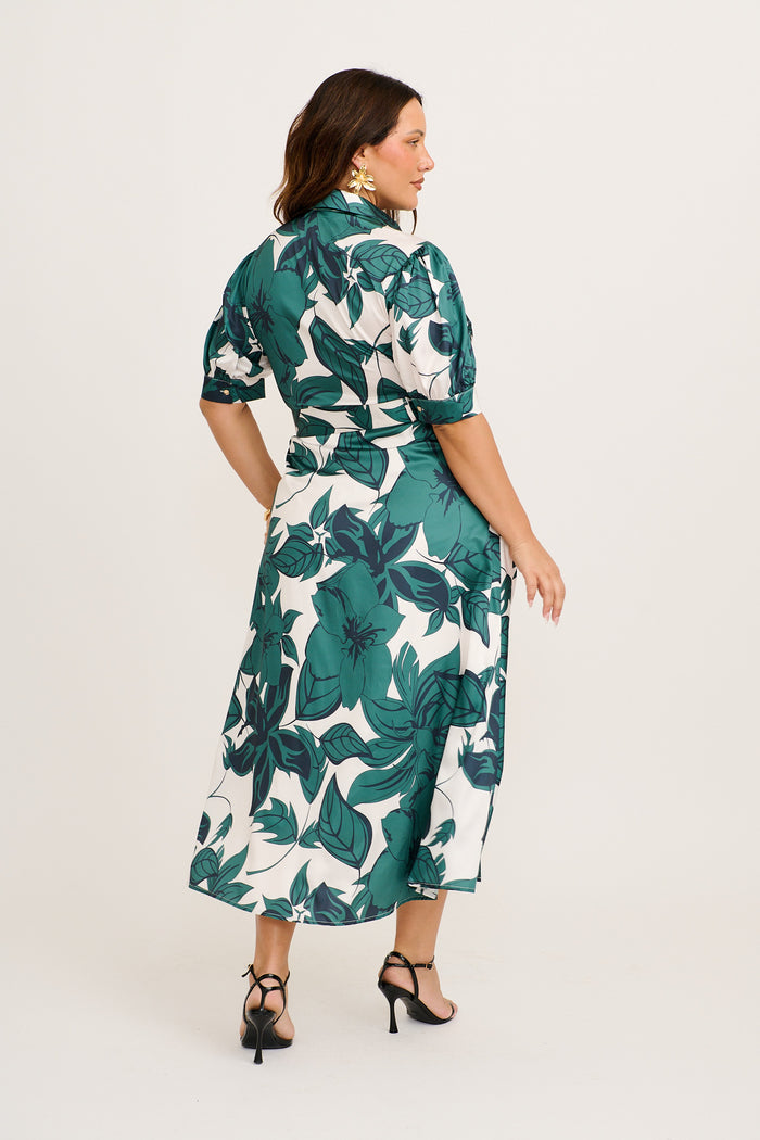 Trinity Maxi Shirt Dress in Emerald Floral Satin back