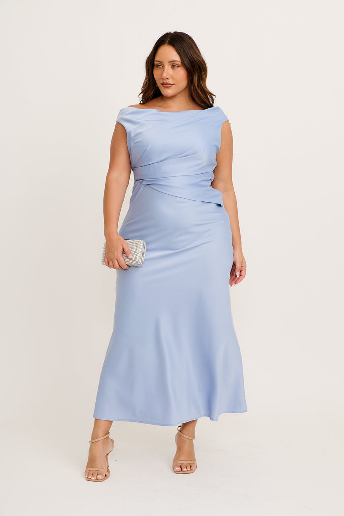 Ros Nights One Shoulder Maxi Dress Ice Blue Satin | St Frock Ros Nights One Shoulder Maxi Dress Ice Blue Satin | St Frock