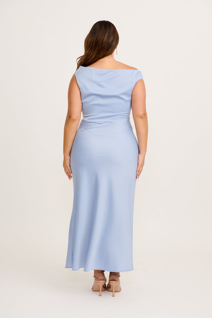 Rosé Nights One Shoulder Maxi Dress in Ice Blue Satin side