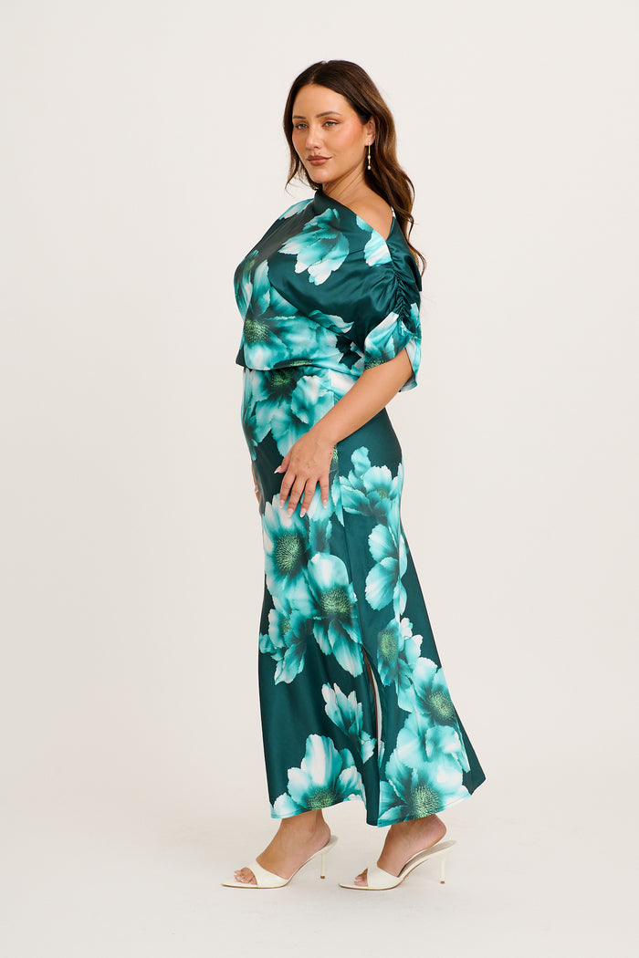 Sarita Maxi Off Shoulder Dress in Green with White Floral Satin front