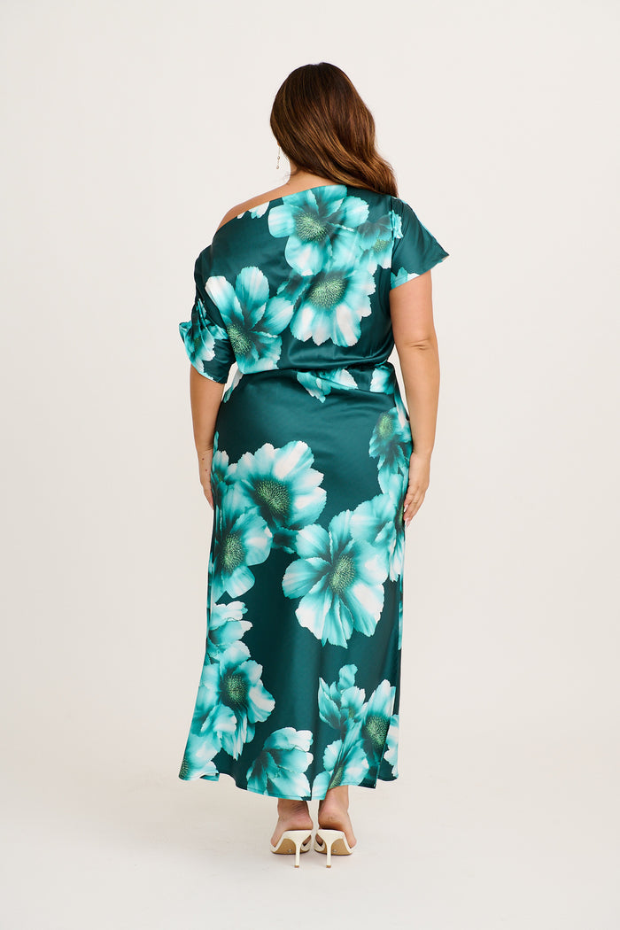 Sarita Maxi Off Shoulder Dress in Green with White Floral Satin side