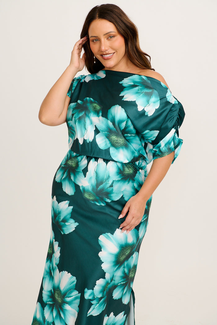 Sarita Maxi Off Shoulder Dress in Green with White Floral Satin 