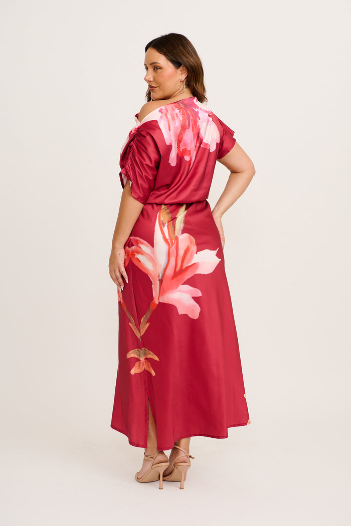 Sarita Maxi Off Shoulder Dress in Wine Floral Satin side