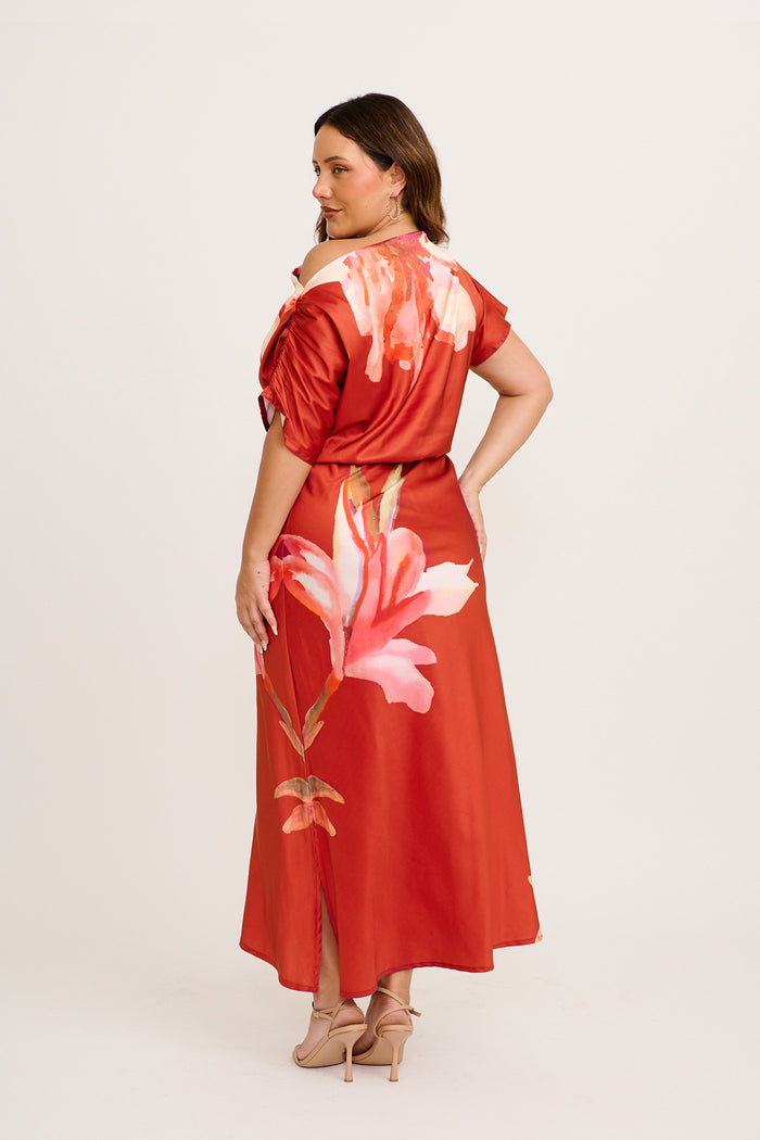 Sarita Maxi Off Shoulder Dress in Wine Floral Satin back