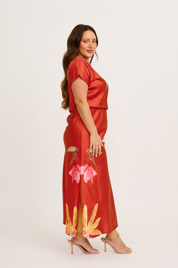 Sarita Maxi Off Shoulder Dress in Wine Floral Satin side
