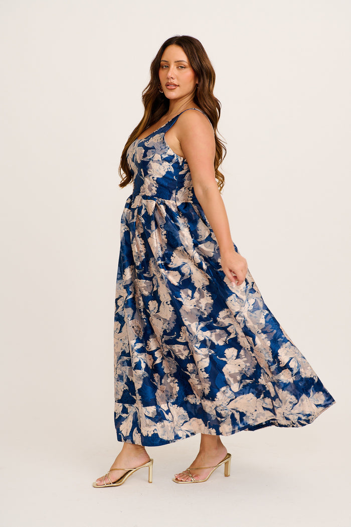 Pure Luxe Maxi Dress in Navy Floral Organza 