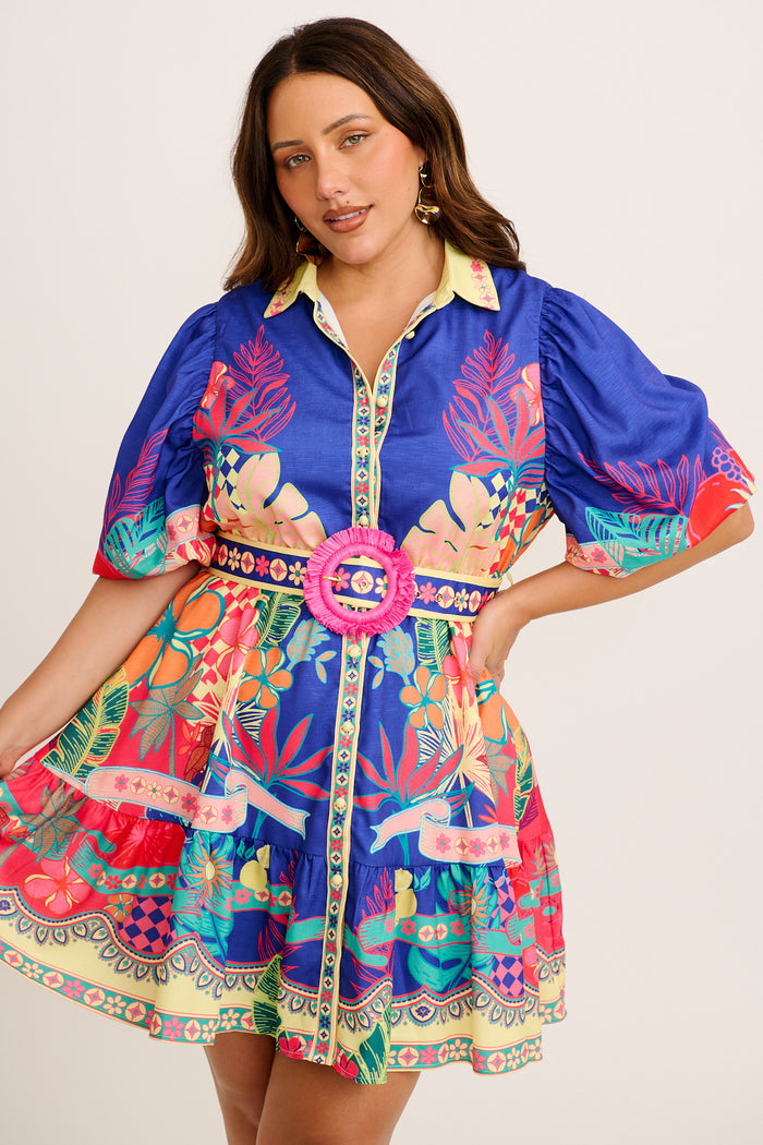 Tropic Haze Shirt Dress in Blue with Multi Print Linen Blend back