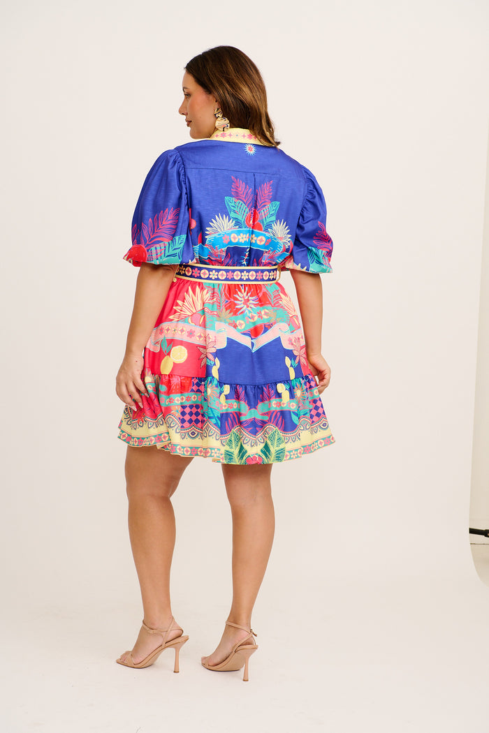 Tropic Haze Shirt Dress in Blue with Multi Print Linen Blend 