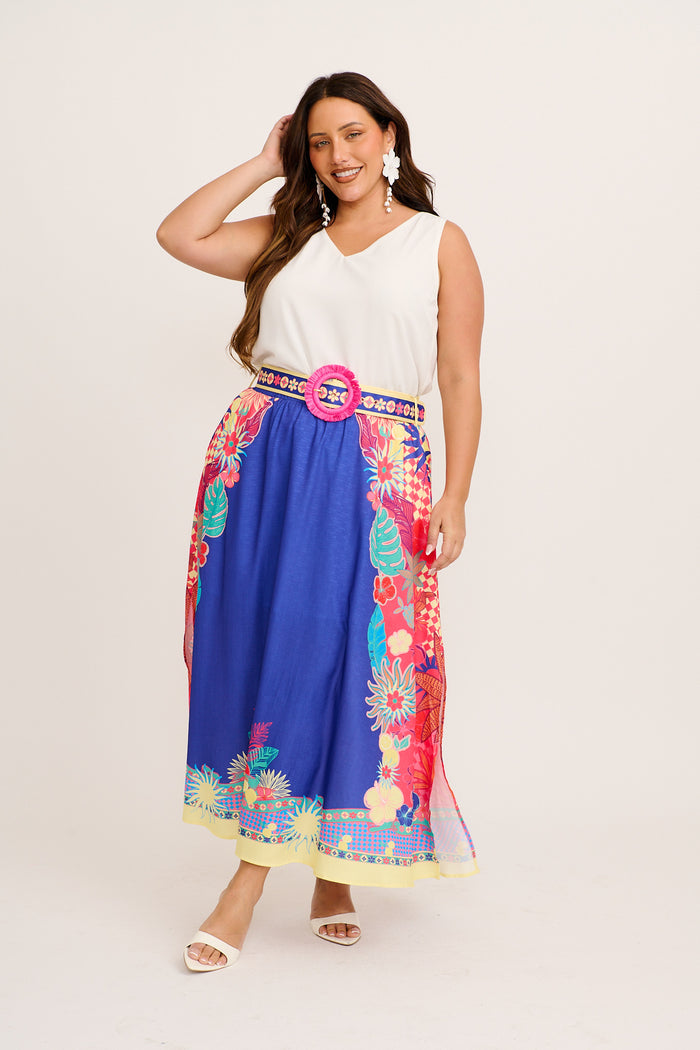 Tropic Drift Maxi Skirt in Blue with Multi Print Linen Blend 