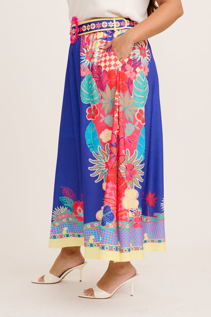 Tropic Drift Maxi Skirt in Blue with Multi Print Linen Blend back