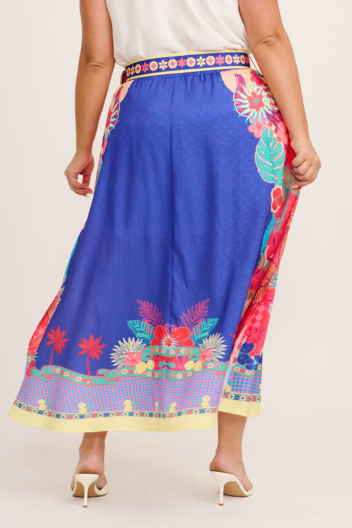 Tropic Drift Maxi Skirt in Blue with Multi Print Linen Blend full length