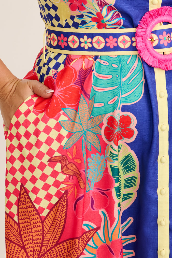 Sunbeam Maxi Shirt Dress in Blue with Multi Print Linen Blend back