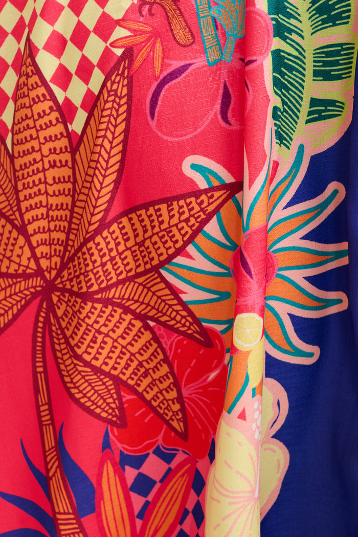 Sunbeam Maxi Shirt Dress in Blue with Multi Print Linen Blend detail