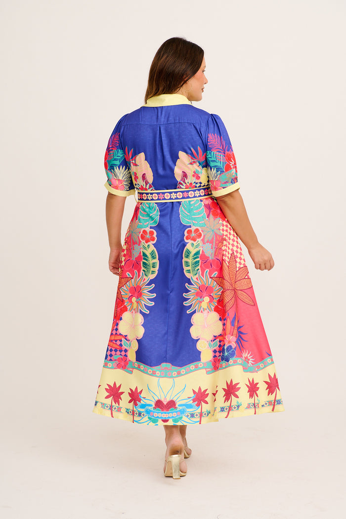Sunbeam Maxi Shirt Dress in Blue with Multi Print Linen Blend side