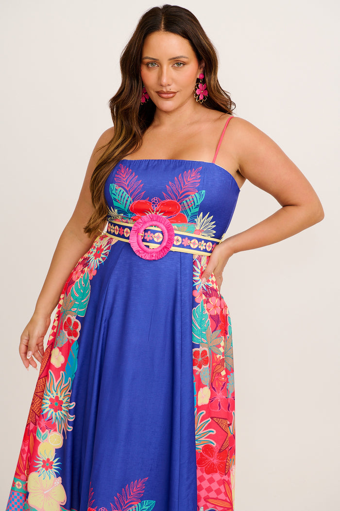 Daylight Dream Maxi Sundress in Blue with Multi Print Linen Blend 