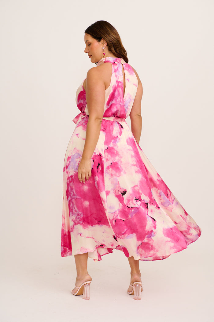 Kiss Me Halter Neck Maxi Dress in Magenta Watercolour Satin side