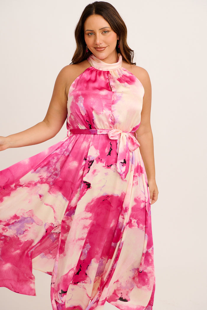 Kiss Me Halter Neck Maxi Dress in Blue Watercolour Chiffon nat angel