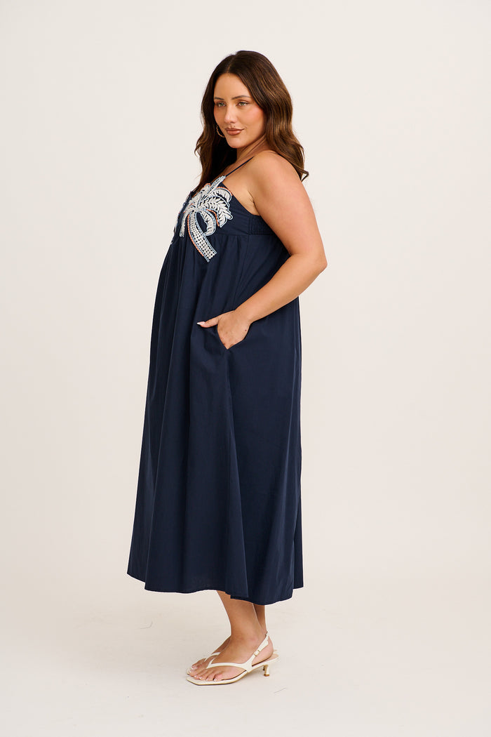 Palmera Midi Sundress in Navy with Palm Tree Embroidery Cotton side
