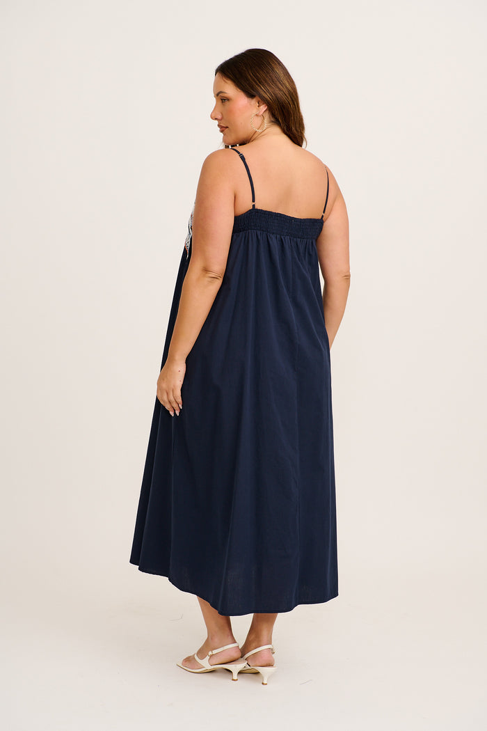 Palmera Midi Sundress in Navy with Palm Tree Embroidery Cotton back