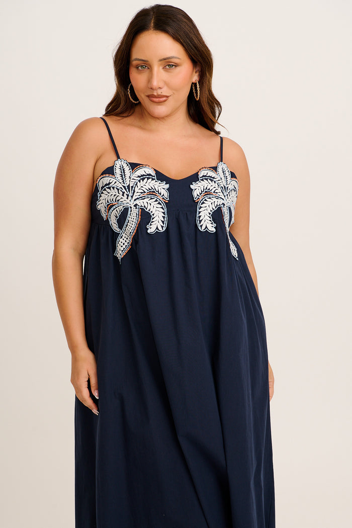 Palmera Midi Sundress in Navy with Palm Tree Embroidery Cotton front
