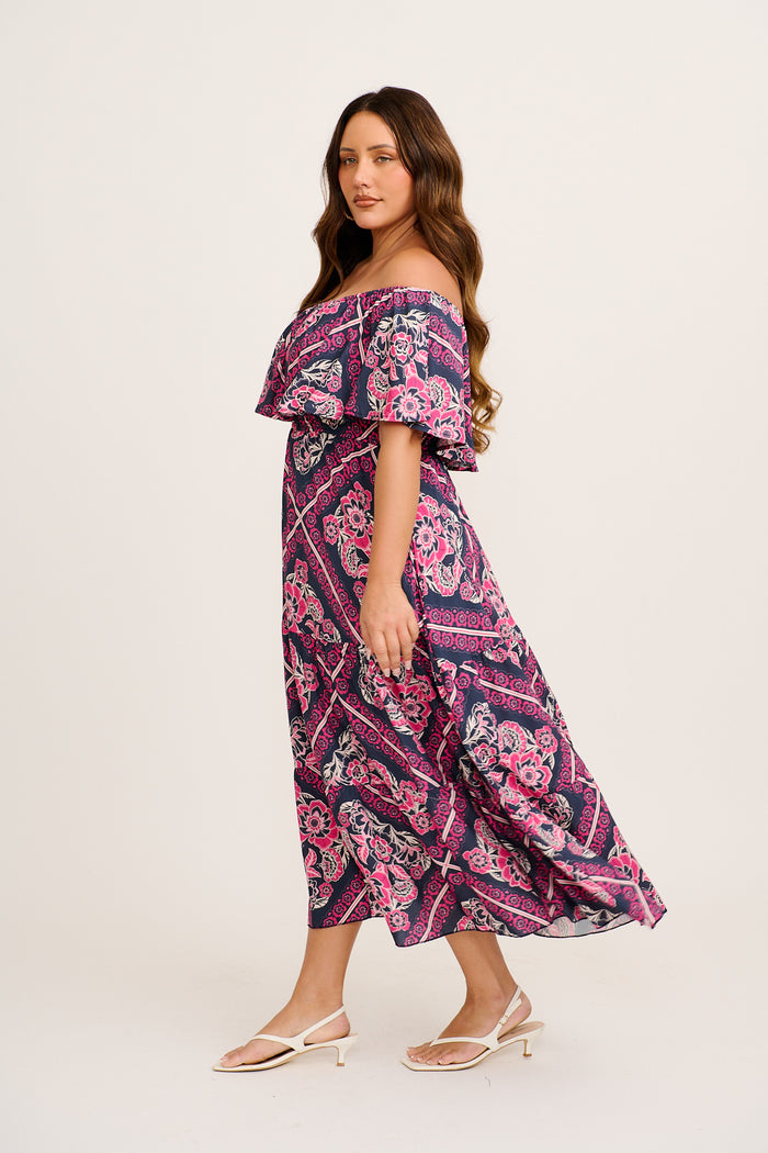 Tranquility Maxi Dress in Navy with Pink Floral Tiles Print front