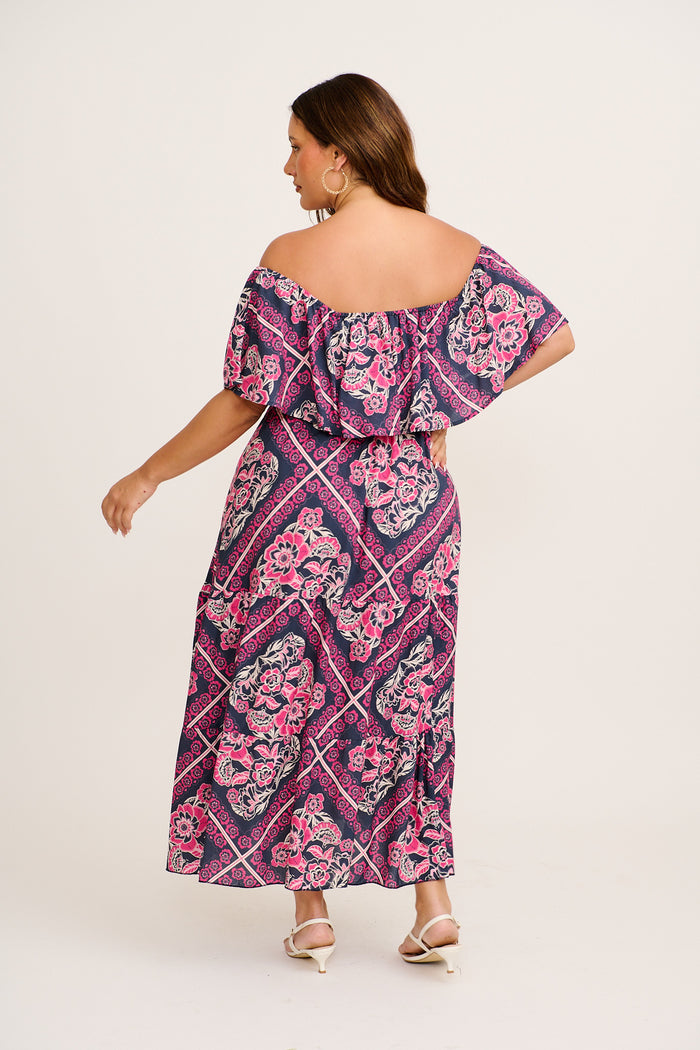 Tranquility Maxi Dress in Navy with Pink Floral Tiles Print 